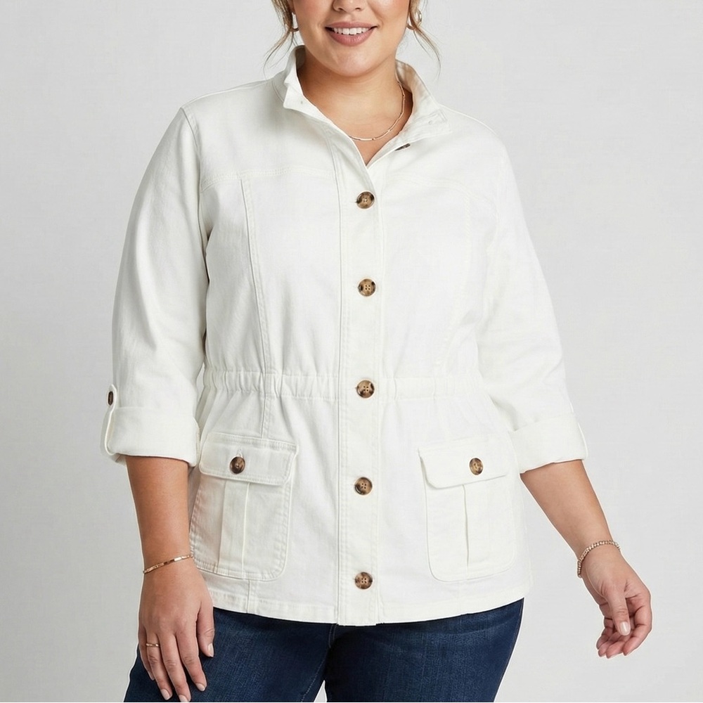 WESTPORT Women's White Button-Up Mock Neck Utility Jacket Safari Coat 2X